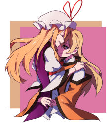 Rule 34 | 2girls, arong, blonde hair, bow, brown background, cape, closed eyes, closed mouth, detached sleeves, dress, hair between eyes, hair bow, hand on another&#039;s shoulder, hand up, hat, hat bow, hug, juliet sleeves, long hair, long sleeves, looking at another, matara okina, mob cap, multicolored background, multiple girls, no headwear, orange cape, orange eyes, orange hair, pink background, puffy sleeves, purple vest, red bow, shaded face, shirt, tabard, teeth, touhou, vest, white background, white dress, white headwear, white shirt, wide sleeves, yakumo yukari, yuri