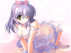 Rule 34 | 1girl, all fours, bent over, breasts, chemise, choker, circus disk, duplicate, garter belt, large breasts, lingerie, mikkun, nipples, one eye closed, panties, purple hair, ribbon, see-through, smile, solo, strap slip, thighhighs, underwear, wink, yellow eyes