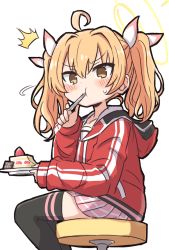 Rule 34 | 1girl, ^^^, ahoge, blonde hair, blue archive, brown eyes, cake, cake slice, commentary request, eating, food, guriin, hair ribbon, halo, highres, jacket, miniskirt, pleated skirt, red jacket, ribbon, sailor collar, skirt, solo, strawberry shortcake, thighhighs, track jacket, twintails, yoshimi (blue archive)