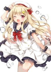 Rule 34 | 10s, 1girl, alternate costume, black sailor collar, blonde hair, dress, erika (ym0311), hair flaps, hair ornament, hairclip, hat, kantai collection, long hair, one eye closed, open mouth, puffy short sleeves, puffy sleeves, red eyes, sailor collar, short sleeves, smile, solo, white background, white dress, white hat, yuudachi (kancolle), yuudachi kai ni (kancolle)