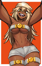 Rule 34 | 1girl, abs, absurdres, armpits, belt, belt bra, blonde hair, breasts, cleavage, collarbone, dark-skinned female, dark skin, framed, ghgnvm, guilty gear, guilty gear xrd, highres, long hair, looking at viewer, medium breasts, midriff, muscular, muscular female, navel, open mouth, ramlethal valentine, red eyes, sharp teeth, shiny skin, short shorts, shorts, simple background, solo, stomach, teeth, thigh gap, thigh strap, thighs, underboob, white belt, white shorts, yellow eyes