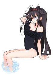 Rule 34 | 1girl, antenna hair, arm up, bare shoulders, black hair, black one-piece swimsuit, blue eyes, breasts, cleavage, closed mouth, collarbone, commission, covered navel, fingernails, hair between eyes, hairband, highres, kasa (hitori sanka), long hair, one-piece swimsuit, one eye closed, original, red hairband, simple background, sitting, skeb commission, solo, swimsuit, very long hair, water, white background