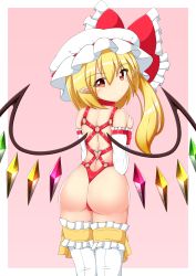Rule 34 | 1girl, ass, blonde hair, blush, bow, crystal, flandre scarlet, hat, hat bow, highres, huge ass, kagayama hajime, looking at viewer, mob cap, pointy ears, red eyes, smile, solo, thighhighs, touhou, touhou tag dream, white hat, wings, wrestling outfit
