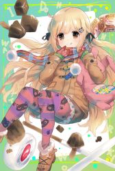 Rule 34 | 10s, 1girl, :q, animal print, blonde hair, blush, border, box, brown eyes, cat print, checkered clothes, checkered scarf, chocolate, coat, finger to mouth, food, futaba anzu, gloves, green border, hair ornament, hair ribbon, hairclip, highres, idolmaster, idolmaster cinderella girls, long hair, long sleeves, pantyhose, pantyhose under shorts, plaid, plaid scarf, red gloves, red pantyhose, ribbon, scarf, shorts, simple background, solo, striped clothes, striped pantyhose, stuffed animal, stuffed toy, sweets, tetsujin momoko, tongue, tongue out, vertical-striped clothes, vertical-striped pantyhose, winter clothes, winter coat