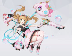 Rule 34 | 1girl, bag, bean sprouts (6651003), blonde hair, blush, earrings, floating, forever 7th capital, glowing, glowing eyes, green hair, gun, hat, highres, holding, holding gun, holding weapon, jewelry, leash, medium hair, nail polish, open mouth, pink footwear, pink hat, pink neckwear, pink thighhighs, simple background, skirt, smile, solo, star (symbol), thighhighs, twintails, weapon
