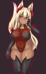 Rule 34 | 1girl, animal ear fluff, animal ears, black gloves, black thighhighs, blonde hair, blush, breasts, bright pupils, covered navel, curvy, dark-skinned female, dark skin, demon girl, demon wings, elbow gloves, fangs, fox ears, fox girl, fox tail, gloves, grin, groin, hand on own face, highres, horns, jack-o&#039;-lantern, large breasts, leotard, long hair, nav (itsnav), original, red eyes, see-through, shortstack, slit pupils, smile, solo, tail, taut clothes, thick thighs, thighhighs, thighs, very long hair, wings