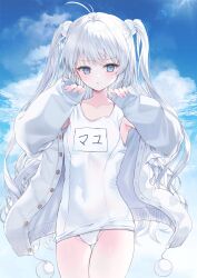 Rule 34 | 1girl, blue eyes, blue sky, cloud, collarbone, commentary request, day, grey hair, grey jacket, highres, jacket, long hair, long sleeves, looking at viewer, old school swimsuit, one-piece swimsuit, open clothes, open jacket, original, outdoors, paraffin, parted lips, pinching sleeves, puffy long sleeves, puffy sleeves, school swimsuit, sky, sleeves past wrists, solo, swimsuit, two side up, very long hair, water, white one-piece swimsuit