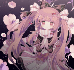 Rule 34 | 1girl, black bow, blunt bangs, bow, cherry blossoms, closed mouth, dress, hair bow, hair ornament, highres, long hair, long sleeves, looking at viewer, mellow sugar, multiple hair bows, original, own hands together, pink bow, pink dress, pink eyes, pink hair, pink scarf, scarf, smile, solo, star (symbol), striped bow, striped clothes, striped dress, striped scarf, twintails, upper body, usagi nui, vertical-striped clothes, vertical-striped dress, white bow, x hair ornament