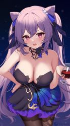 Rule 34 | 1girl, alcohol, bare shoulders, breasts, brown pantyhose, cleavage, collarbone, cone hair bun, cup, drinking glass, genshin impact, hair between eyes, hair bun, hand on own hip, highres, holding, holding cup, icwine, keqing (genshin impact), keqing (opulent splendor) (genshin impact), large breasts, long hair, looking at viewer, official alternate costume, pantyhose, pink eyes, purple hair, solo, twintails, twitter username, wine, wine glass