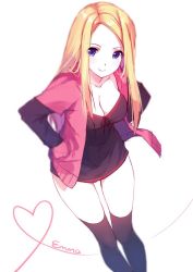 Rule 34 | 1girl, black dress, black thighhighs, blonde hair, blue eyes, blurry, breasts, caidychen, character name, cleavage, collarbone, depth of field, dress, emma (caidychen), hand in pocket, heart, heart of string, jacket, long hair, looking at viewer, original, smile, solo, thighhighs, white background, zettai ryouiki