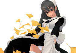 Rule 34 | 1girl, black hair, clothes lift, earrings, frills, ginkgo tree, jewelry, kiriman (souldeep), leaf, lifting own clothes, long hair, maid, maid headdress, open mouth, original, panties, pantyshot, skirt, skirt lift, smile, solo, thighhighs, underwear, upskirt, white background, white panties, white thighhighs