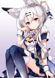 Rule 34 | 1girl, animal ear fluff, animal ears, black jacket, blue skirt, blue thighhighs, blush, boots, bow, braid, breasts, cleavage, closed mouth, commentary request, copyright request, crown braid, frown, gold trim, gradient background, hair between eyes, hair bow, hair ornament, hairclip, hand up, head tilt, highres, jacket, long hair, looking at viewer, medium breasts, print footwear, print jacket, print skirt, print thighhighs, puffy short sleeves, puffy sleeves, purple background, purple eyes, rin2008, short sleeves, silver hair, sitting, skirt, solo, space print, starry sky print, thigh boots, thighhighs, very long hair, virtual youtuber, white background, white bow, wrist cuffs