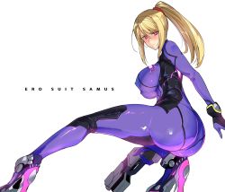 Rule 34 | 1girl, alternate color, ass, ass focus, blonde hair, blue bodysuit, blush, bodysuit, breasts, character name, closed mouth, commentary request, directed-energy weapon, energy gun, energy weapon, from behind, gun, hair ornament, hair scrunchie, halcon, handgun, high heels, highres, holding, holding weapon, huge ass, large breasts, legs, long hair, looking at viewer, looking back, metroid, mole, mole under mouth, neon trim, nintendo, paralyzer, pistol, ponytail, samus aran, scrunchie, shiny clothes, sidelocks, simple background, skin tight, solo, squatting, super smash bros., swept bangs, weapon, white background, wide hips, zero suit