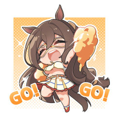 Rule 34 | 1girl, animal ears, arm up, belt, breasts, brown hair, chibi, closed eyes, commentary, crop top, cropped shirt, domino mask, dotted background, el condor pasa (umamusume), english text, gradient background, hair between eyes, highres, holding, holding pom poms, horse ears, horse girl, horse tail, large breasts, long hair, mask, miniskirt, nice nature (run&amp;win) (umamusume), open mouth, pom pom (cheerleading), pom poms, red footwear, round teeth, skirt, smile, solo, sparkle, standing, standing on one leg, tail, teeth, thighs, umamusume, underboob, upper teeth only, warashi