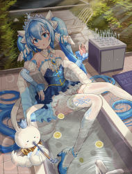 Rule 34 | 1girl, absurdres, animal, bath, bathtub, blue eyes, blue hair, blush stickers, cabinet, chair, chinese commentary, clothed bath, commentary request, crown, cup, detached collar, detached sleeves, drinking glass, faucet, food, frilled skirt, frills, fruit, hair ornament, hatsune miku, highres, hmax, holding, holding smoking pipe, juliet sleeves, lemon, long hair, long sleeves, nail polish, outdoors, princess, puffy sleeves, rabbit, rug, see-through, skirt, smoking pipe, snowflake hair ornament, sunlight, tiara, twintails, very long hair, vocaloid, wet, wet clothes, wine glass, yuki miku, yuki miku (2019), yukine (vocaloid)