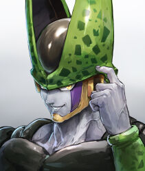 Rule 34 | 1boy, cell (dragon ball), colored skin, commentary, dragon ball, dragonball z, grin, hand up, index finger raised, looking at viewer, male focus, muscular, perfect cell, portrait, smile, solo, sterben, teeth, veins, yellow eyes