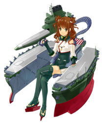 Rule 34 | 10s, 1girl, anchor, bad id, bad pixiv id, bare shoulders, boots, brown hair, detached sleeves, double bun, earrings, fingerless gloves, flight deck, fujimo ruru, gloves, hair ribbon, jewelry, kantai collection, crossed legs, long hair, machinery, mecha musume, nail polish, original, personification, ribbon, shinano (aircraft carrier), shinano (kancolle), sitting, solo, thigh boots, thighhighs, yellow eyes, zettai ryouiki