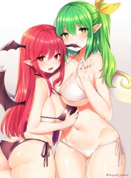 Rule 34 | 2girls, \m/, aged up, artist name, ass, bare arms, bare shoulders, bikini, biting, black bikini, breasts, butt crack, collarbone, commentary request, cowboy shot, daiyousei, demon wings, fairy wings, gluteal fold, gradient background, green eyes, green hair, hair between eyes, hair ribbon, halterneck, hand up, head wings, heart, heart-shaped pupils, koakuma, large breasts, long hair, looking at viewer, marota, multiple girls, navel, open mouth, pointy ears, red eyes, red hair, ribbon, side-tie bikini bottom, side ponytail, sidelocks, smile, standing, stomach, strap pull, swimsuit, symbol-shaped pupils, thighs, touhou, twitter username, white bikini, wings, yellow ribbon