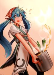 Rule 34 | 1girl, aqua eyes, aqua hair, artist name, bad id, bad pixiv id, cooking, hatsune miku, highres, japanese clothes, kky, long hair, open mouth, pot, solo, spring onion, twintails, very long hair, vocaloid