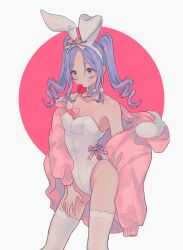 Rule 34 | 1girl, 382, animal ear hairband, animal ears, bow, bowtie, breasts, candy, cleavage, detached collar, drill hair, fake animal ears, food, fur-trimmed jacket, fur trim, hairband, heart, heart-shaped lollipop, hood, jacket, leotard, lollipop, long hair, medium breasts, mole, mole on breast, mole on thigh, mouth hold, original, parted bangs, pink bow, pink bowtie, pink hair, pink jacket, playboy bunny, purple hair, rabbit ear hairband, rabbit ears, shaped lollipop, small breasts, solo, standing, strapless, strapless leotard, thighhighs, thighs, twintails, white hairband, white leotard, white thighhighs