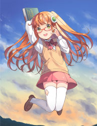 Rule 34 | 1girl, :d, amiami (company), amico, arm behind head, arm up, blush, book, bow, bowtie, clothing cutout, day, dress shirt, glasses, green eyes, hair ornament, hand up, highres, holding, holding book, jumping, loafers, long hair, long sleeves, looking at viewer, midair, miniskirt, official art, open mouth, orange hair, red-framed eyewear, red bow, red bowtie, red skirt, round teeth, school uniform, shirt, shoes, skirt, sky, smile, solo, sweater vest, teeth, thigh cutout, thighhighs, two side up, white shirt, white thighhighs, yumekui, zettai ryouiki