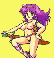 Rule 34 | 1girl, athena (series), breasts, hairband, hand on own hip, long hair, looking at viewer, navel, nipples, nude, pixel art, princess athena, purple hair, pussy, saiwai hiroshi, sheath, sheathed, shield, simple background, smile, solo, sword, uncensored, weapon, yellow background