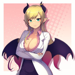 Rule 34 | 1girl, black skirt, blonde hair, border, breast tattoo, breasts, cleavage, collarbone, crossed arms, demon girl, demon wings, gradient background, green eyes, highres, hololive, horns, lab coat, large breasts, long hair, long sleeves, parted lips, pencil skirt, pink background, pink shirt, pointy ears, polka dot, polka dot background, shiny skin, shirt, skirt, smile, solo, tattoo, upper body, virtual youtuber, white border, wings, yorunaku tanishi, yuzuki choco