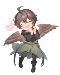 Rule 34 | 1boy, :d, aged down, ahoge, belt, black hoodie, blue belt, brown hair, brown wings, cape, chibi, commentary, commentary request, dated, endend (shinia), english commentary, facing viewer, feathered wings, full body, granblue fantasy, green cape, hair between eyes, heart, heart hands, high heels, hood, hood down, hoodie, male focus, messy hair, mixed-language commentary, open mouth, sandalphon (granblue fantasy), short hair, smile, solo, translation request, white background, wings