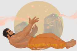 Rule 34 | 1boy, bara, beard, beard cut, bulge, cherry blossoms, dark-skinned male, dark skin, falling petals, from side, full beard, large hands, lying, male focus, mature male, muscular, muscular male, navel, on back, orange pants, original, outstretched arms, paid reward available, pants, petals, profile, smile, solo, thick beard, thick eyebrows, topless male, track pants, villanuevo