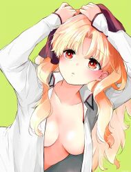 Rule 34 | 1girl, adjusting hair, azumi (myameco), blonde hair, breasts, collarbone, ereshkigal (fate), fate/grand order, fate (series), green background, hair ribbon, long hair, medium breasts, no bra, open clothes, open shirt, red eyes, red ribbon, ribbon, shirt, simple background, solo, upper body, white shirt