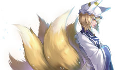 Rule 34 | 1girl, animal hat, blonde hair, breasts, brooch, commentary, dress, eyeshadow, fox tail, from side, hat, highres, jewelry, lipstick, long sleeves, makeup, medium breasts, mob cap, multiple tails, ofuda, petals, profile, re (re 09), red lips, short hair, simple background, solo, tabard, tail, touhou, upper body, white background, white dress, white hat, wide sleeves, yakumo ran, yellow eyes