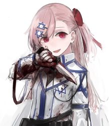 Rule 34 | blood, blood on hands, bow, collared jacket, girls&#039; frontline, gloves, hair bow, hair ornament, hairclip, hexagram, jacket, knife, long hair, negev (girls&#039; frontline), open mouth, pink hair, rampart1028, red bow, red eyes, smile, star of david, white gloves