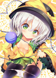 Rule 34 | 1girl, black thighhighs, breasts, clothes lift, green eyes, hand on own hip, hat, komeiji koishi, leaning forward, masa (miyabitei), nipples, no bra, open clothes, open shirt, panties, panty pull, shirt, shirt lift, short hair, silver hair, skirt, skirt lift, sleeves past wrists, small breasts, solo, thighhighs, third eye, touhou, underwear, white panties, zettai ryouiki