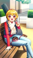 Rule 34 | 1girl, :d, bench, blonde hair, blue pants, blush, brown hat, candy, chocolate, chocolate heart, day, denim, doukyuusei another world, food, game cg, guitar case, hair intakes, hat, heart, horiide mika, instrument case, kakyuusei 2, long sleeves, looking at viewer, official art, open mouth, outdoors, pants, red eyes, red sweater, scarf, short hair, sitting, smile, solo, sweater, valentine, white scarf