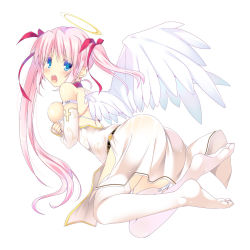 Rule 34 | 1girl, angel, ass, bad id, bad pixiv id, blue eyes, blush, breast press, breasts, dress, halo, long hair, open mouth, original, pink hair, simple background, solo, tears, thighhighs, twintails, uneven twintails, white background, white thighhighs, wings, yanagi yuu
