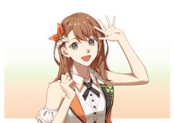 Rule 34 | 1girl, armband, bare arms, bare shoulders, black ribbon, border, bow, braid, brown hair, buttons, clenched hand, clover, clover hair ornament, collared shirt, frilled armband, frills, gradient background, grey eyes, hair behind ear, hair bow, hair ornament, hanasato minori, hand up, happy, highres, lapel pin, looking at viewer, medium hair, neck ribbon, open mouth, orange background, orange bow, project sekai, ribbon, shirt, simple background, single horizontal stripe, smile, solo, sorashiroumi, swept bangs, tareme, two-tone bow, unbuttoned vest, upper body, vest, waving, white armband, white background, white border, white bow, white shirt