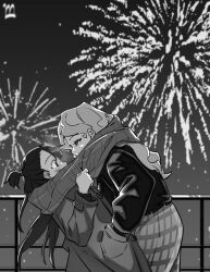 Rule 34 | 2girls, blush, diana cavendish, eye contact, fireworks, greyscale, hand in another&#039;s pocket, highres, kagari atsuko, little witch academia, long hair, looking at another, mmmmpymm, monochrome, multiple girls, outdoors, scarf, shared clothes, shared scarf, yuri
