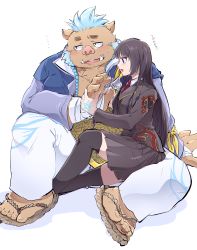 Rule 34 | 1boy, 1girl, absurdres, animal ears, bandaged hand, bandages, beads, blue hair, blush, boku002, breasts, collared shirt, facial hair, fat, fat man, full body, furry, furry male, goryou (housamo), highres, jewelry, large pectorals, long hair, male focus, protagonist 2 (housamo), necklace, necktie, pectorals, pig boy, pig ears, purple eyes, red necktie, sandals, school uniform, shirt, skirt, smile, stubble, tokyo houkago summoners