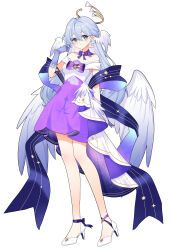 Rule 34 | 1girl, absurdres, aqua eyes, bare shoulders, blue skirt, bow, commentary, ff2074, full body, gloves, grey gloves, grey hair, hand up, head wings, high heels, highres, honkai: star rail, honkai (series), long hair, looking at viewer, off-shoulder shirt, off shoulder, purple bow, robin (honkai: star rail), shirt, short sleeves, simple background, skirt, smile, solo, standing, very long hair, white background, white footwear, white shirt, wings
