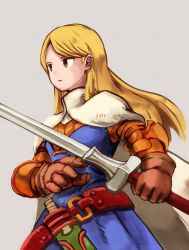 Rule 34 | 1girl, armor, armored dress, blonde hair, cape, final fantasy, final fantasy tactics, gauntlets, grey background, highres, knife, knight (fft), long hair, red eyes, simple background, solo, sword, weapon, yan pai