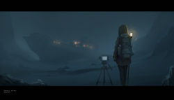 Rule 34 | 1959, 1girl, backpack, bad id, bad pixiv id, bag, blonde hair, camera, coat, dated, english text, from behind, highres, letterboxed, light, night, original, outdoors, pants, ship, snow, snowing, solo, standing, tripod, watercraft, yurichtofen