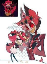 Rule 34 | 1boy, 1girl, ^ ^, alastor (hazbin hotel), animal ears, antlers, apron, artist name, black bow, black bowtie, blonde hair, bow, bowing, bowtie, bug, circle facial mark, closed eyes, coat, colored sclera, colored skin, commentary, cyclops, dated, deer antlers, deer boy, deer ears, deer tail, dress, english commentary, eyes visible through hair, eyeshadow, facial mark, flower, frilled apron, frills, grey skin, grin, half-closed eyes, hand on another&#039;s head, hand on own hip, hand up, hazbin hotel, head wreath, highres, horns, leaning forward, long sleeves, looking at another, makeup, mbdtz, monocle, multicolored hair, niffty (hazbin hotel), one-eyed, puffy short sleeves, puffy sleeves, red-tinted eyewear, red coat, red dress, red eyes, red eyeshadow, red hair, red sclera, red shirt, reference inset, screencap inset, sharp teeth, shirt, short hair, short sleeves, simple background, size difference, smile, striped coat, tail, teeth, tinted eyewear, traditional bowtie, twitter username, two-tone hair, vertical-striped coat, white apron, white background, yellow flower, yellow teeth