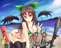 Rule 34 | 1girl, all fours, arm cannon, bare shoulders, beach, bikini, black hair, black thighhighs, black wings, blue sky, blush, bow, breasts, cat, cleavage, cloud, day, detached sleeves, detached wings, english text, engrish text, explosive, female focus, green bikini, grenade, hair bow, kaenbyou rin, kaenbyou rin (cat), large breasts, long hair, looking at viewer, micro bikini, multiple tails, ocean, outdoors, planted, ranguage, red eyes, reiuji utsuho, rocket launcher, rpg (weapon), sky, solo, sumapan, swimsuit, tail, tan, tanline, thighhighs, touhou, trowel, two tails, v, water, weapon, wings