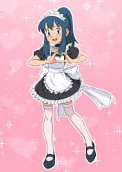 Rule 34 | 1girl, absurdres, apron, black dress, black footwear, blue eyes, blush, commentary request, creatures (company), dawn (pokemon), dress, eyelashes, frills, full body, game freak, hands up, heart, heart hands, highres, knees, looking at viewer, maid, maid headdress, miraa (chikurin), neck garter, nintendo, open mouth, outline, pink background, pokemon, pokemon (anime), pokemon dp062, pokemon dppt (anime), ponytail, raised eyebrows, shoes, short sleeves, sidelocks, smile, solo, sparkle, sweatdrop, thighhighs, tongue, white apron