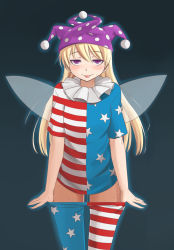 Rule 34 | 1girl, american flag dress, american flag legwear, baketsuya, blonde hair, blush, clothes pull, clownpiece, cowboy shot, fairy wings, hat, highres, jester cap, long hair, looking at viewer, pantyhose, pantyhose pull, purple eyes, pussy juice, smile, solo, striped clothes, striped pantyhose, sweat, tongue, tongue out, touhou, undressing, wings