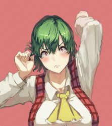 Rule 34 | 1girl, ascot, blush, breasts, commentary request, constricted pupils, embarrassed, green hair, highres, kazami yuuka, kikimifukuri, large breasts, long sleeves, looking at viewer, plaid, plaid vest, red background, red eyes, short hair, simple background, solo, tearing up, touhou, upper body, vest, wavy mouth