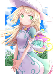 Rule 34 | 1girl, absurdres, apron, blonde hair, blunt bangs, closed mouth, cloud, cloudy sky, creatures (company), day, dress, game freak, gen 8 pokemon, green dress, green eyes, hat, highres, lillie (pokemon), lillie (special costume) (pokemon), long hair, looking at viewer, nintendo, own hands together, plant, pokemon, pokemon masters ex, polteageist, rono (lethys), sky, smile, sun hat, white headwear