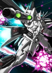 Rule 34 | absurdres, chikuwa 1st koujou, clenched hand, explosion, flying, gundam, gundam seed, highres, laser, mecha, mobile suit, no humans, original, red eyes, robot, solo, space, v-fin
