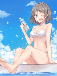 Rule 34 | 1girl, ;d, absurdres, barefoot, bikini, blush, bottle, breasts, cleavage, collarbone, day, glint, grey hair, group name, highres, holding, holding bottle, looking at viewer, love live!, love live! sunshine!!, medium breasts, navel, one eye closed, open mouth, outdoors, poolside, short hair, side-tie bikini bottom, sitting, smile, soaking feet, solo, sonoko neko, swimsuit, watanabe you, water, water bottle, water drop, wet, white bikini