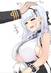 Rule 34 | 1boy, 1girl, anchor choker, anchor necklace, apron, azur lane, bare shoulders, black hairband, blunt bangs, blush, breasts, center frills, character doll, choker, cleavage cutout, closed eyes, clothing cutout, collar, commander (azur lane), commentary request, dido (azur lane), doll, dress, earrings, fang, frilled choker, frills, hair ribbon, hairband, happy, headpat, heart, heart earrings, highres, holding, holding doll, huge breasts, jewelry, lace-trimmed hairband, lace trim, long hair, maid, maid apron, maid day, maid headdress, necklace, open mouth, pink eyes, ribbon, sideboob, sidelocks, silver hair, sleeveless, standing, translation request, underboob, underboob cutout, upanishi mariko, waist apron, white apron, wrist cuffs